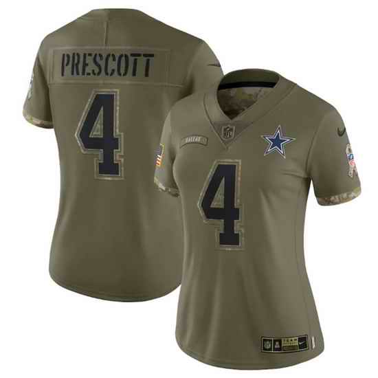 Women Dallas Cowboys 4 Dak Prescott Olive 2022 Salute To Service Limited Stitched Jersey